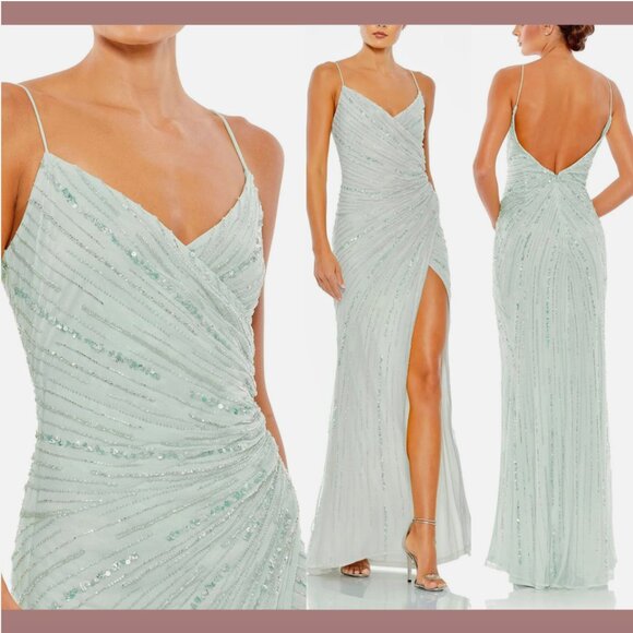 NWT $498 Mac Duggal [ 4 ]‎ Beaded Sleeveless Faux Wrap Gown in Mint #Q715 - Picture 1 of 14